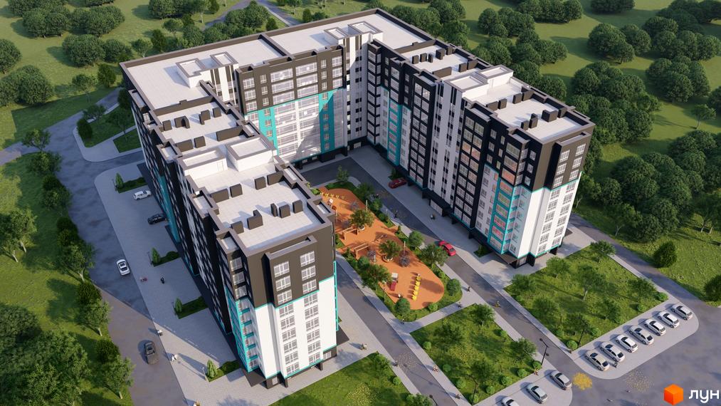 Житловий комплекс Spring Town New Riviera з багатоповерховими будинками та дитячим майданчиком. Навколо комплексу зелені насадження та парковка з автомобілями.