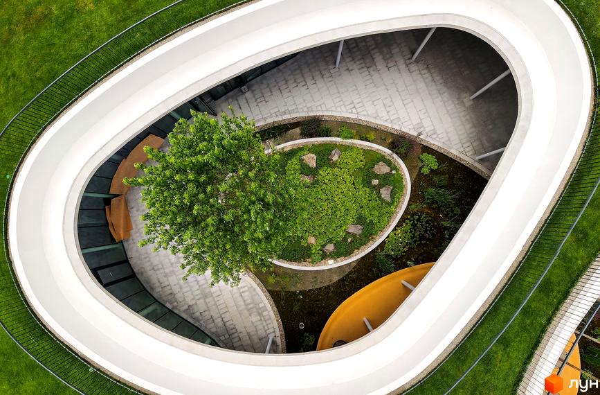 Житловий комплекс Respublika: вид зверху на внутрішній двір з білими вигнутими стінами, зеленим деревом, садом та водоймою.