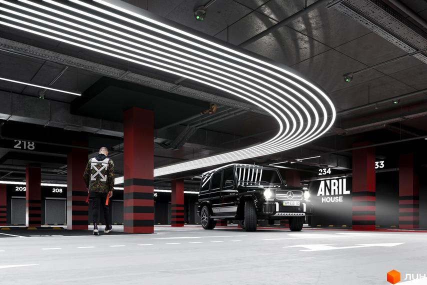 Чорний позашляховик біля входу в паркінг ЖК ANRIL house. Червоні колони та світлодіодне освітлення створюють атмосферу.