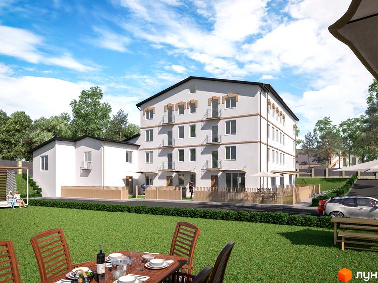 Триповерховий будинок з балконами та білими фасадами. На передньому плані - зелена галявина з меблями для відпочинку, на задньому - парковка та дерева.