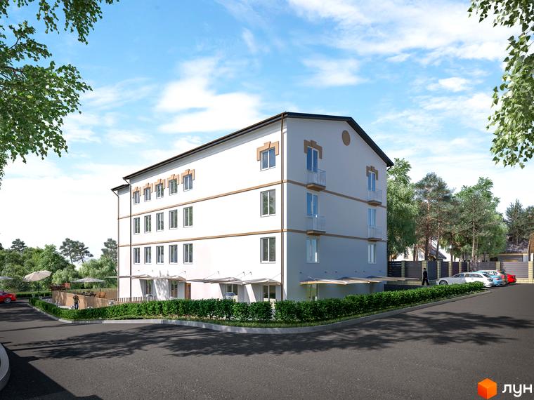 Триповерховий будинок Житловий комплекс Петрівський Гай з білими стінами та балконами, перед будинком зелені насадження, поруч парковка для автомобілів.