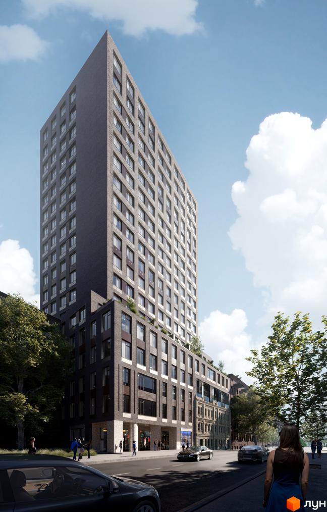 Franklin Concept House - це новобудова з цегляним фасадом та великою кількістю вікон, розташована на вулиці з деревами та автомобілями.
