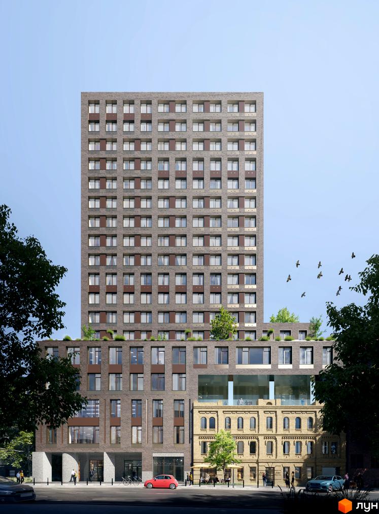 Franklin Concept House - це новобудова з цегляним фасадом та великою кількістю вікон, що розташована на фоні блакитного неба. Будинок має багатоповерхову структуру з терасами та зеленню на даху.