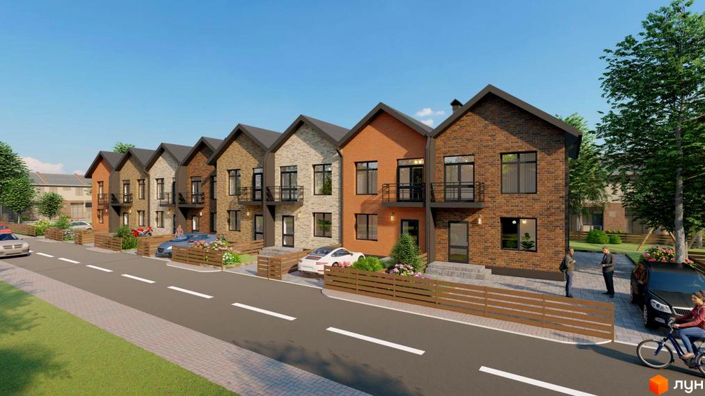 Таунхауси „Чемпіон“: ряд двоповерхових будинків з цегляними фасадами. Прибудинкова територія з дорогою, огорожами та автомобілями.
