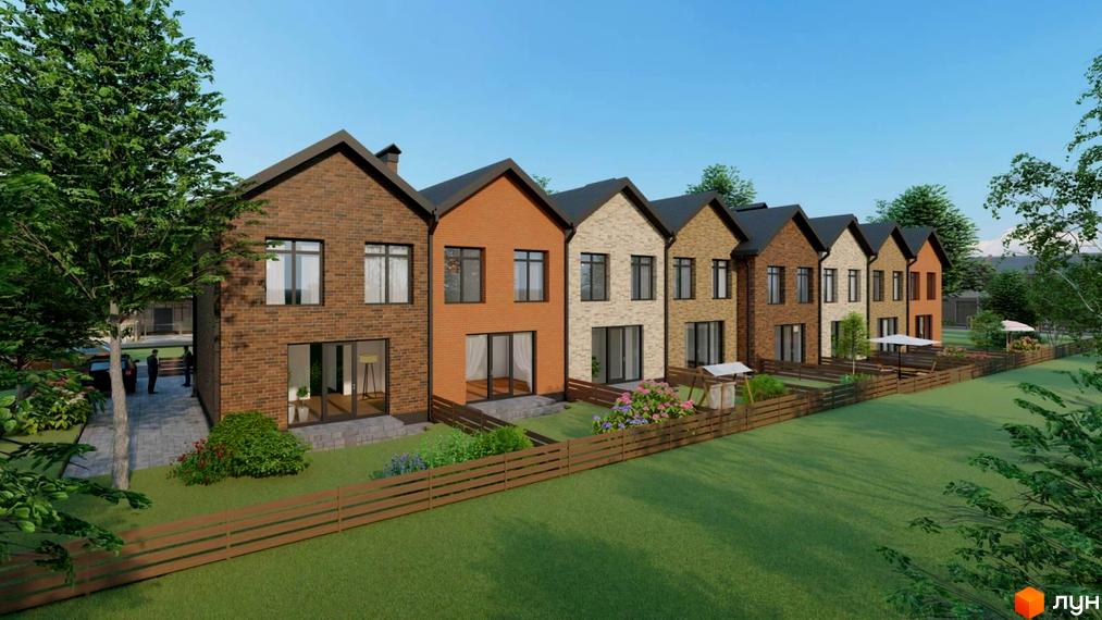 Таунхауси „Чемпіон“: ряд двоповерхових будинків з цегляними фасадами та прибудинковою територією з газоном і садом.