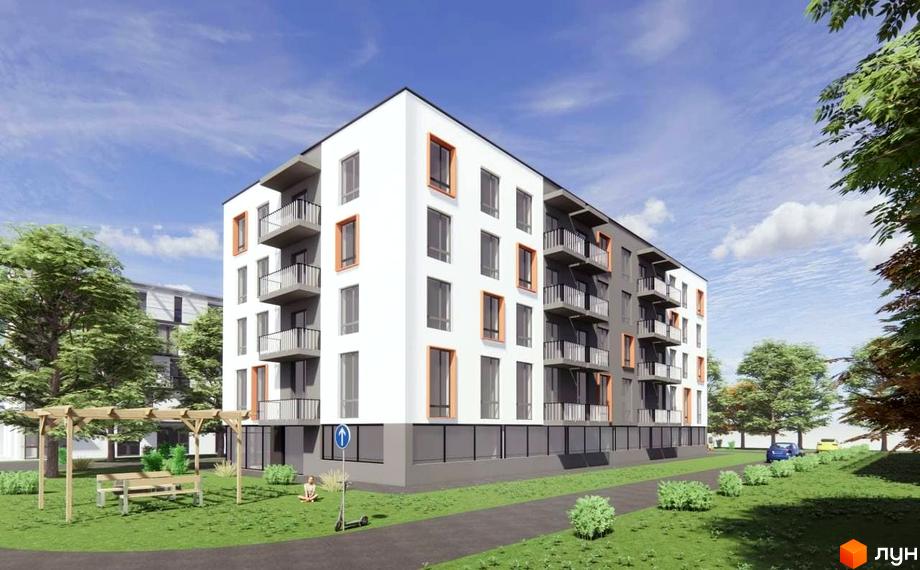 Зовнішній вигляд новобудови ЖК на Жовківській з балконами та вікнами, прибудинкова територія з лавками та деревами.