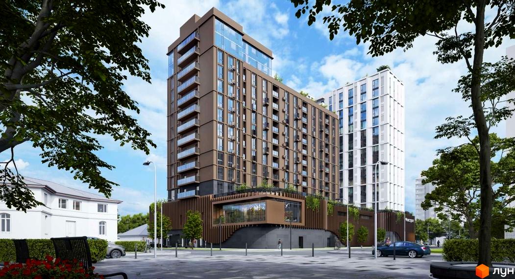 Апарт-комплекс Capital Tower: багатоповерхова будівля коричневого кольору зі скляними балконами та великими вікнами. Прибудинкова територія з деревами та доріжками.