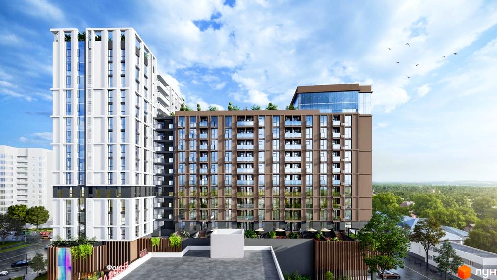 Апарт-комплекс Capital Tower з білою та коричневою фасадною частиною, скляними балконами та зеленими насадженнями на прибудинковій території.