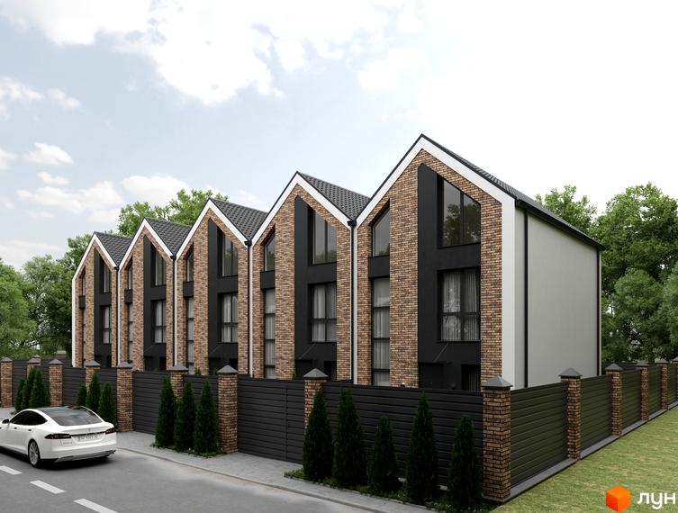 Таунхауси Amsterdam Town з цегляним фасадом та темними вікнами, огороджені парканом та оточені деревами. Поруч дорога з автомобілем.