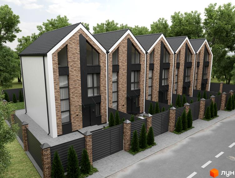 Сучасні таунхауси Amsterdam Town з цегляним фасадом та великими вікнами, огороджені парканом з цегляними колонами та туями.