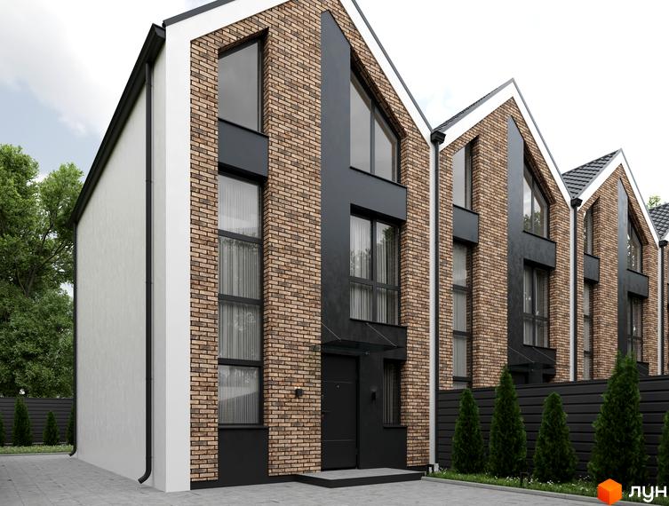 Зовнішній вигляд таунхаусів Amsterdam Town з цегляним фасадом та білими стінами, розташованих на доглянутій прибудинковій території з туями та парканом.