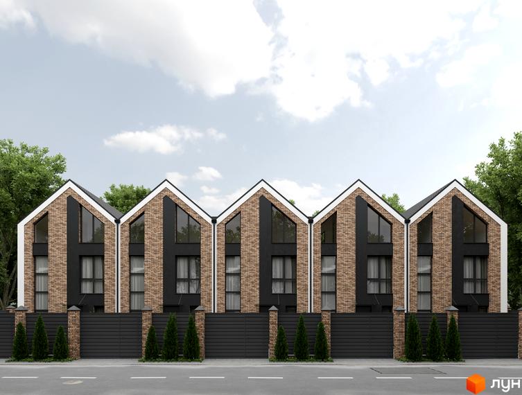 Ряд таунхаусів Amsterdam Town з цегляними фасадами, темними дахами та великими вікнами. Перед будинками розташований темний паркан з чагарниками та дорога.