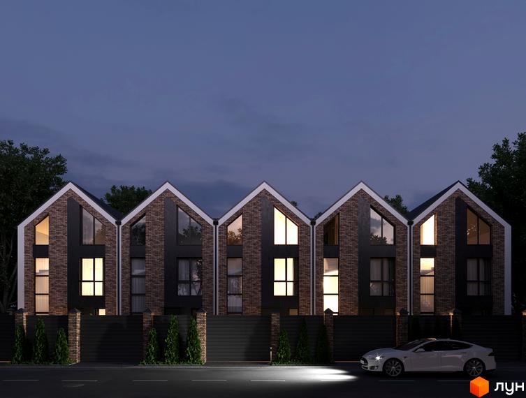 Таунхауси Amsterdam Town: фасади з цегли та темних панелей, великі вікна, освітлені зсередини. На передньому плані дорога та білий автомобіль.