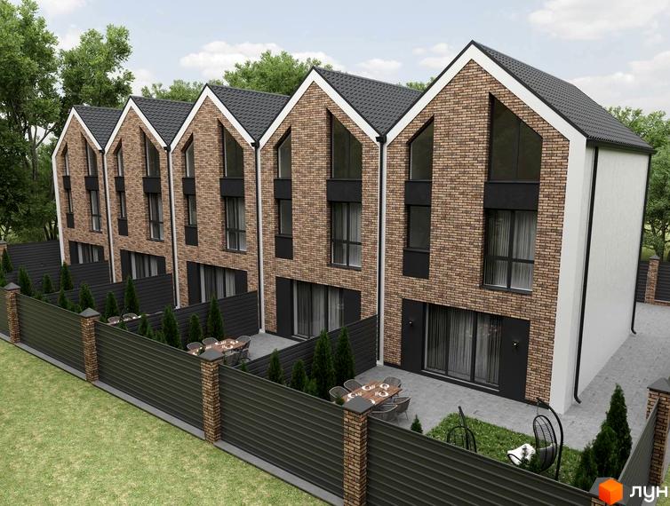 Таунхауси Amsterdam Town з цегляним фасадом та чорними вікнами. Прибудинкова територія з парканом, зеленими насадженнями та зоною відпочинку.