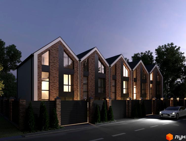 Таунхауси Amsterdam Town з цегляним фасадом та великими вікнами, огороджені парканом з воротами та деревами.