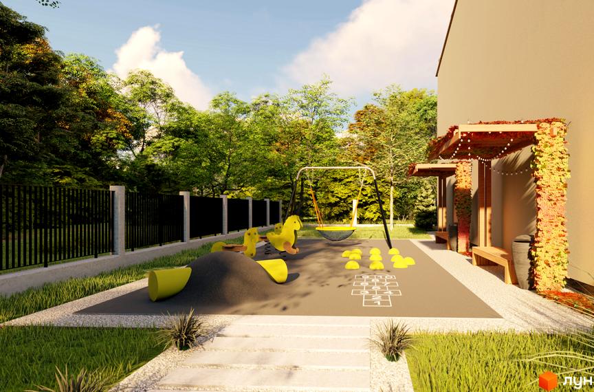 Дитячий майданчик біля будинку в житловому комплексі FAMILY STORY. На території є гойдалки, гірки та пісочниця, а також лавки для відпочинку.