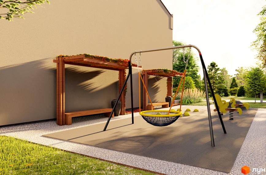 Дитячий майданчик у дворі таунхаусів FAMILY STORY. На території комплексу розташовані гойдалки та лавки для відпочинку.