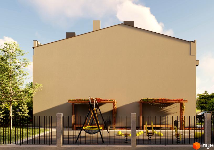 Фасад будинку ЖК FAMILY STORY з дитячим майданчиком та зоною відпочинку. Світла будівля з похилим дахом та чорною огорожею.