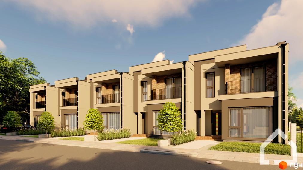 Зображення сторінки житлового комплексу FAMILY STORY з таунхаусами. На фото ряд двоповерхових будинків з балконами та невеликою прибудинковою територією з газоном та деревами.