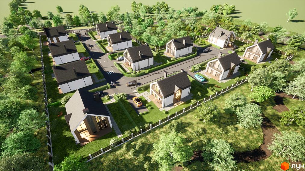 Котеджне містечко Лісовий маєток з двоповерховими будинками з темною покрівлею та білими фасадами. На прибудинковій території газон, дерева та паркан.