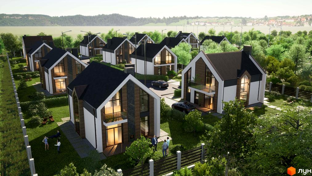 Котеджне містечко Лісовий маєток з сучасними будинками з панорамними вікнами та доглянутою прибудинковою територією з газонами та деревами.