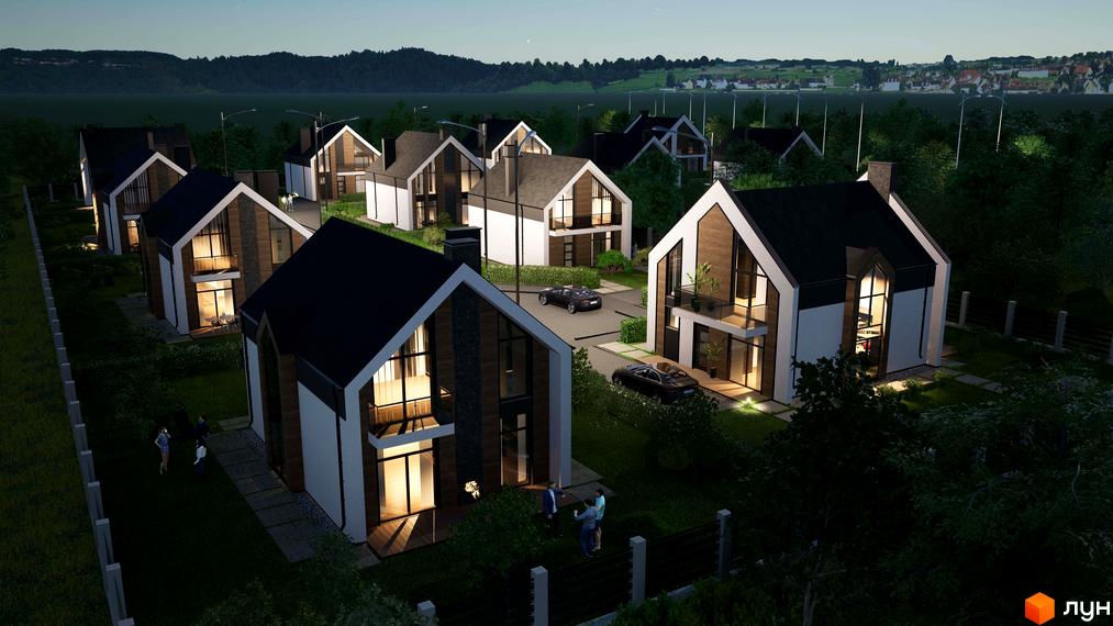 Зображення житлового комплексу Лісовий маєток. Будинки з темною покрівлею та великими вікнами, поруч доглянута прибудинкова територія та автомобілі.