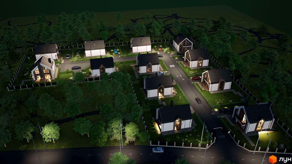Візуалізація котеджів в Містечку котеджів Лісовий маєток. Білі будинки з темною покрівлею, великими вікнами та освітленням. Доглянута прибудинкова територія з газонами та деревами.