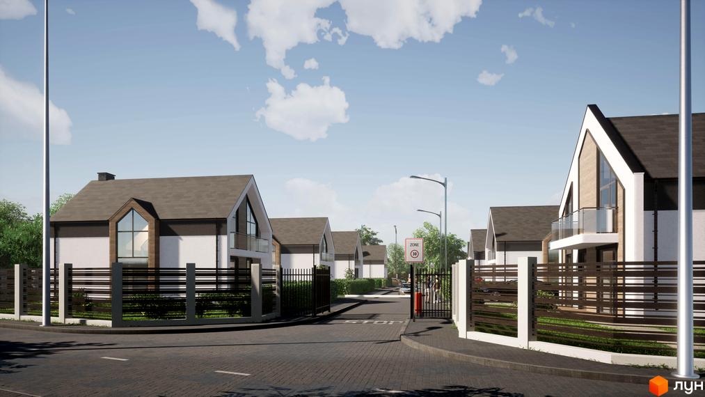 Будинки в Котеджному містечку Лісовий маєток з білими стінами та темними дахами, огороджені парканом. На території є дорога та зелені насадження.