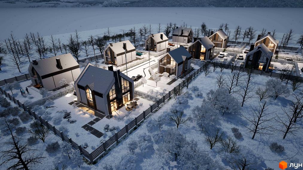 Зимовий пейзаж котеджного містечка Лісовий маєток з будинками з панорамними вікнами та засніженими прибудинковими територіями.