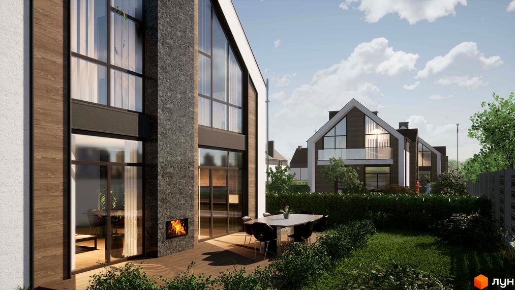 Будинок з великими вікнами та терасою з зоною відпочинку. На території Котеджне містечко Лісовий маєток газон та зелені насадження.