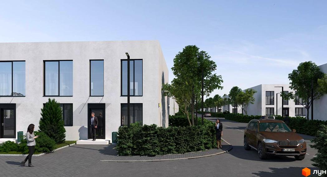 Зовнішній вигляд білих таунхаусів DREAM HOUSE з великими вікнами та доглянутою прибудинковою територією з деревами та дорогою.