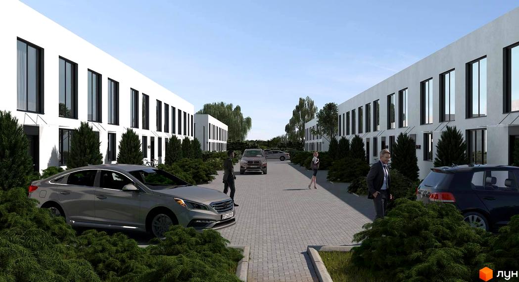 Таунхауси DREAM HOUSE з білими фасадами та великими вікнами, розташовані вздовж вимощеної алеї з автомобілями та зеленню.