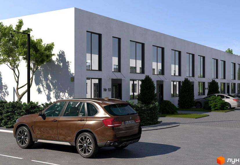 Таунхауси DREAM HOUSE з білими фасадами та великими вікнами, перед якими розташована зелена зона та припарковані автомобілі.