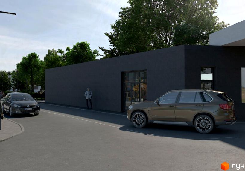 Темно-сіра будівля Котеджного містечка DREAM HOUSE з великими вікнами. Поруч дорога, припарковані автомобілі та зелені дерева.