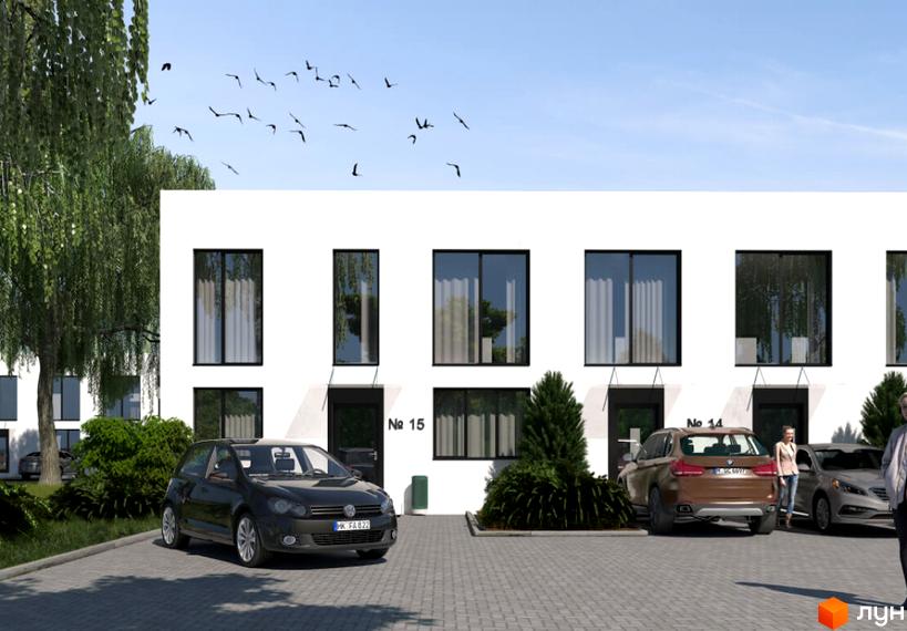 Зовнішній вигляд таунхаусів DREAM HOUSE з великими вікнами та паркомісцями. Навколо будівель зелень та дерева.