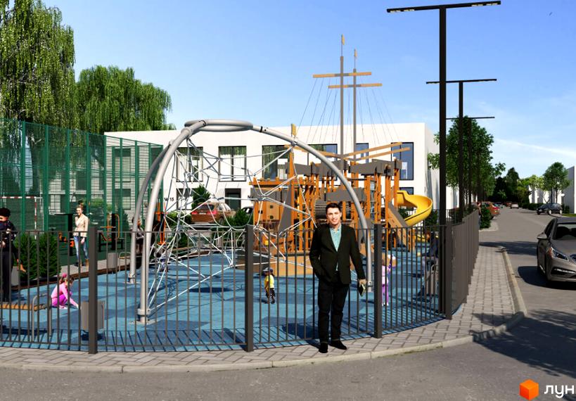 Таунхауси DREAM HOUSE: дитячий майданчик з мотузковим комплексом та ігровим кораблем поруч з будинками. Прибудинкова територія з доріжками та освітленням.