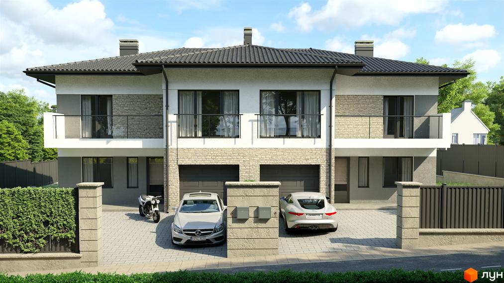 Зовнішній вигляд котеджного містечка КМ ЗУБРА ETALON з двома автомобілями та мотоциклом на подвір'ї. Будинок має два поверхи, балкони та гаражі.