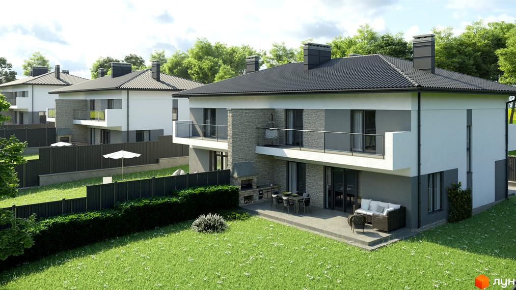 Котеджне містечко ЗУБРА ETALON: двоповерхові будинки з сірим дахом та балконами, прибудинкова територія з зеленим газоном та парканом.