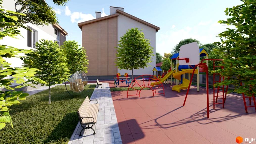 Житловий комплекс Flat city з дитячим майданчиком та зонами відпочинку. Зелена територія з деревами та лавками біля будинків.