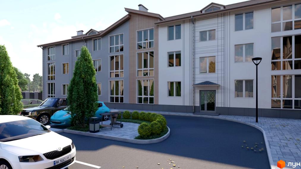 Зовнішній вигляд новобудови ЖК Flat city з парковкою та зеленими насадженнями. Сучасна архітектура та доглянута прибудинкова територія.