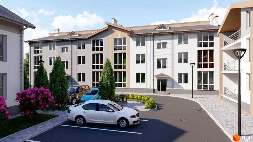 Зовнішній вигляд новобудови ЖК Flat city з паркінгом та зеленими насадженнями. Будинок має багато вікон та балконів, а прибудинкова територія облаштована місцями для відпочинку.