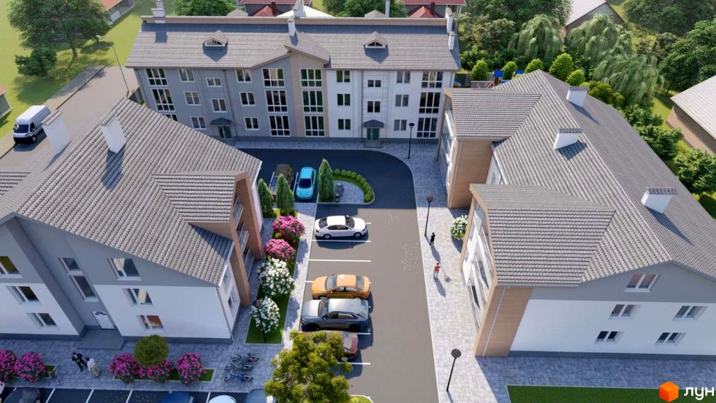 Житловий комплекс Flat city з сірими дахами та білими фасадами, упорядкована прибудинкова територія з парковкою та зеленими насадженнями.