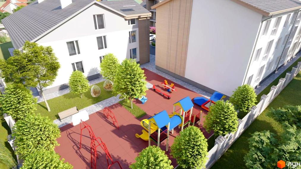 Житловий комплекс Flat city з дитячим майданчиком та зеленими зонами. Зовнішній вигляд будівель та прибудинкова територія.