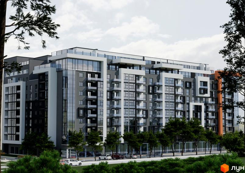 Житловий комплекс Park Residence – це багатоповерхова новобудова з панорамними вікнами та балконами. Територія навколо будинку озеленена деревами та має доглянутий вигляд.