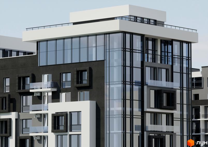 Новобудова Park Residence з панорамними вікнами та балконами. Фасад будівлі поєднує чорні та білі елементи, створюючи контрастний дизайн.