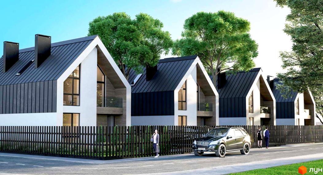 Котеджне містечко Family House: будинки з білими стінами, темними дахами та великими вікнами. Перед ними огорожа та дорога.