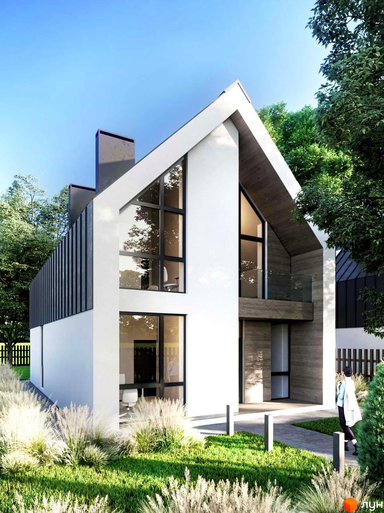 Зовнішній вигляд будинку КМ Family House з великими вікнами та дерев'яними елементами, оточений зеленою прибудинковою територією з травою та рослинами.