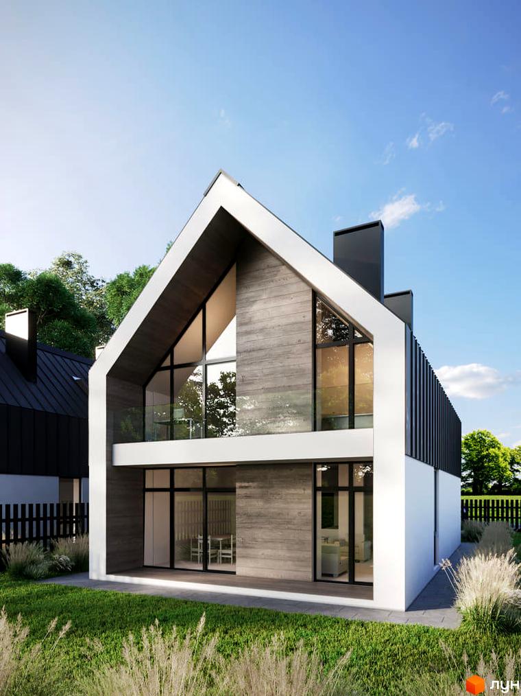 Котеджне містечко Family House: Двоповерховий будинок з великими вікнами та гострим дахом, оздоблений білим та сірим матеріалами. Навколо зелений газон та дерева.