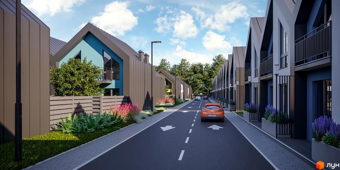 Таунхауси Freya - це новобудова з сучасними фасадами та акуратними подвір'ями. Зображено вулицю з таунхаусами, що мають двосхилі дахи, та доглянуту прибудинкову територію з деревами та квітами.