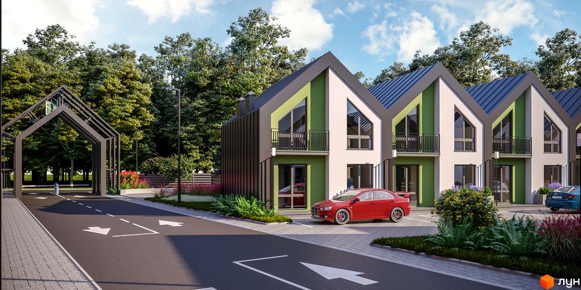 Таунхауси Freya з темними дахами та світлими фасадами з зеленими акцентами. На території комплексу облаштована дорога, паркінг та в'їзна група.